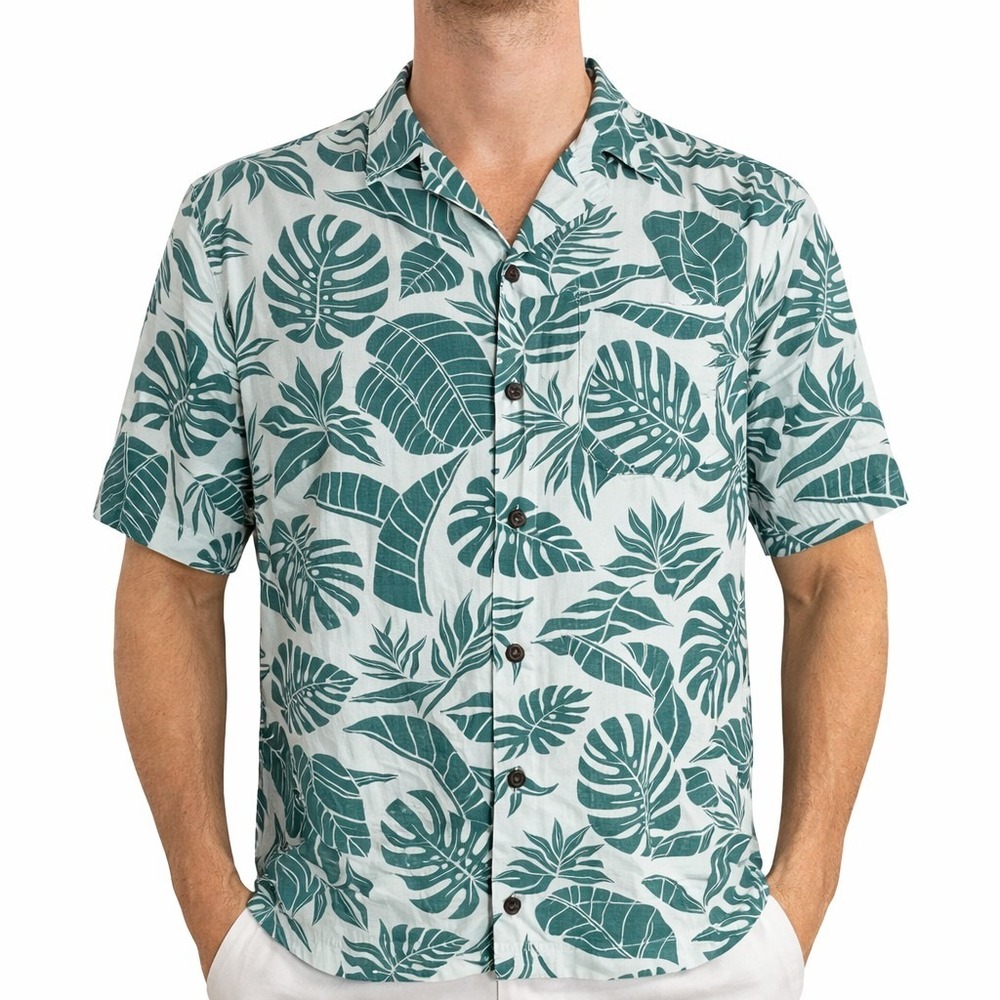 Royal Robbins Hawaiian Aloha Shirt XL Tropical Leaves Floral Green Gray
